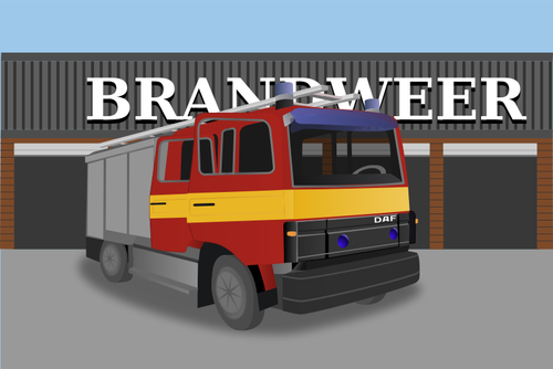 Fire Truck In Front Of Fire House Clipart