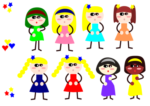 Cartoon Girls In Different Dresses Clipart