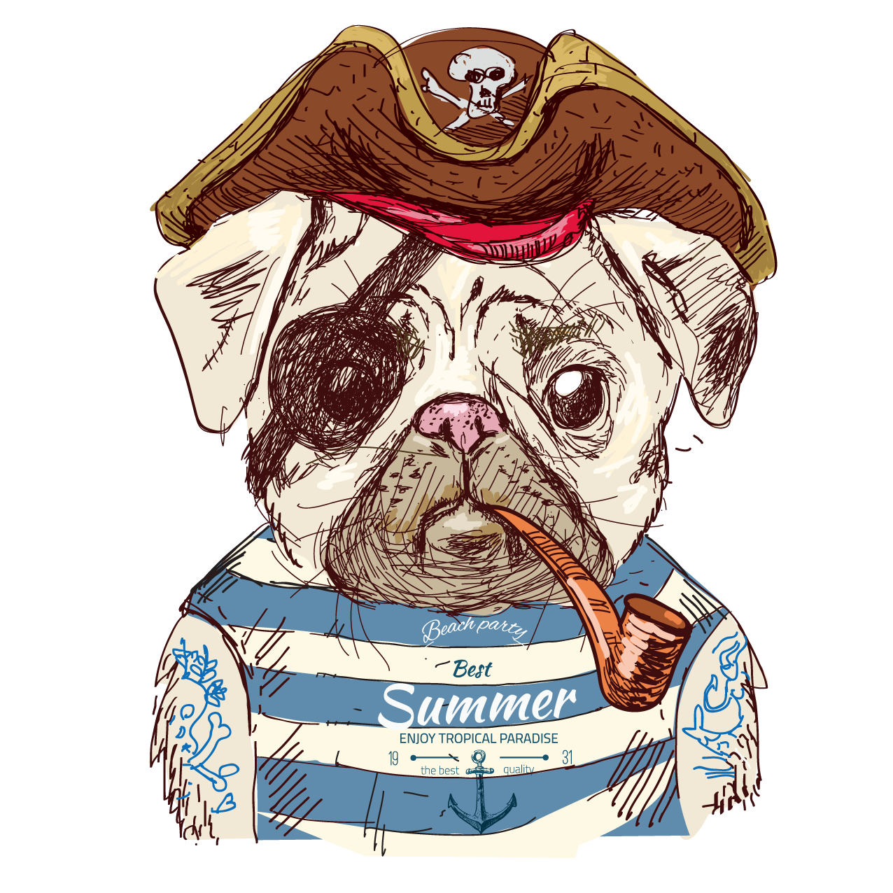 Cute Pug Dog Illustration Pirate Drawing Clipart