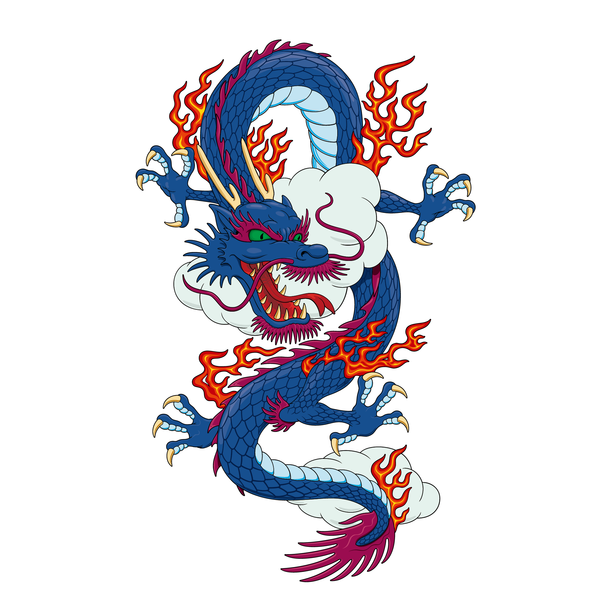 Blue Chinese Material Japanese Dragon T-Shirt Vector Clipart