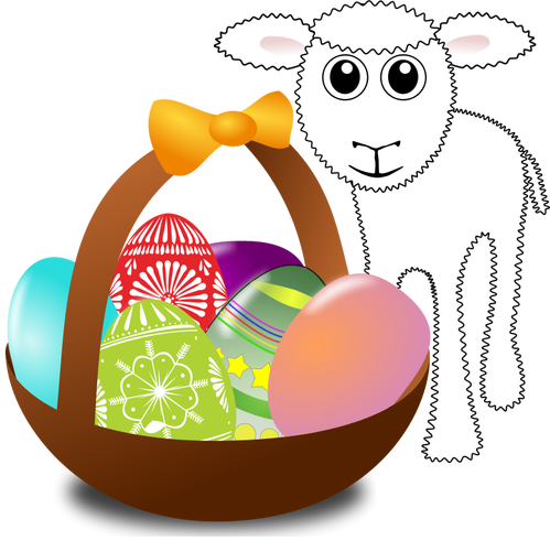 Lamb With Easter Eggs In A Basket Clipart