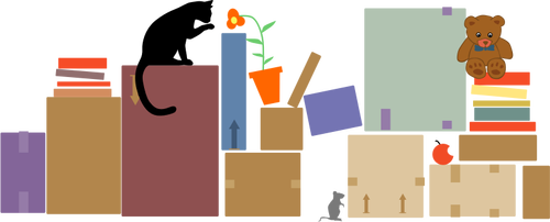 Of Cat, Mouse And Teddy Between Packed Boxes Clipart
