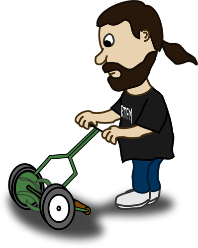 Of Bearded Guy Pushing A Reel Mower Clipart