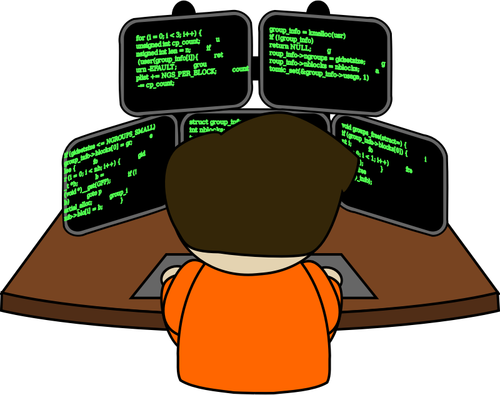 Male Programmer Working With Five Screens Clipart