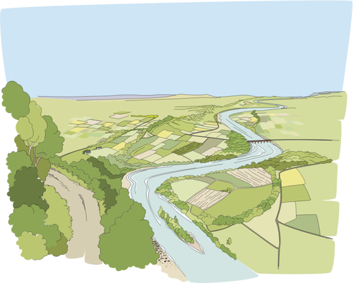 Drawing Of River Flowing Through Green Fields Clipart