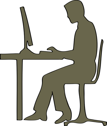 Silhouette Of Man Sitting At Computer Desk Clipart