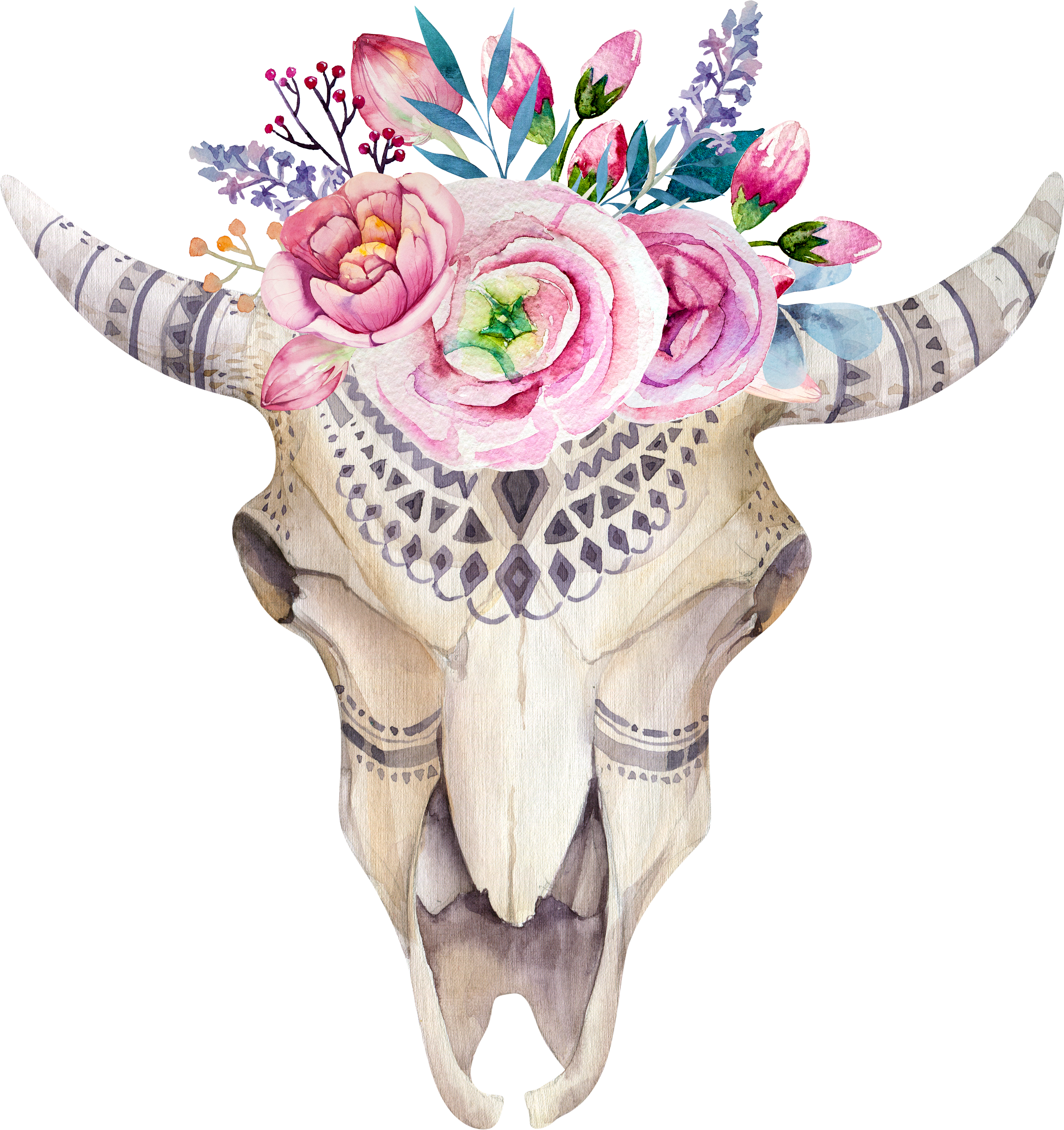 Watercolor Flower Skull Boho-Chic Painted Pattern Illustration Clipart