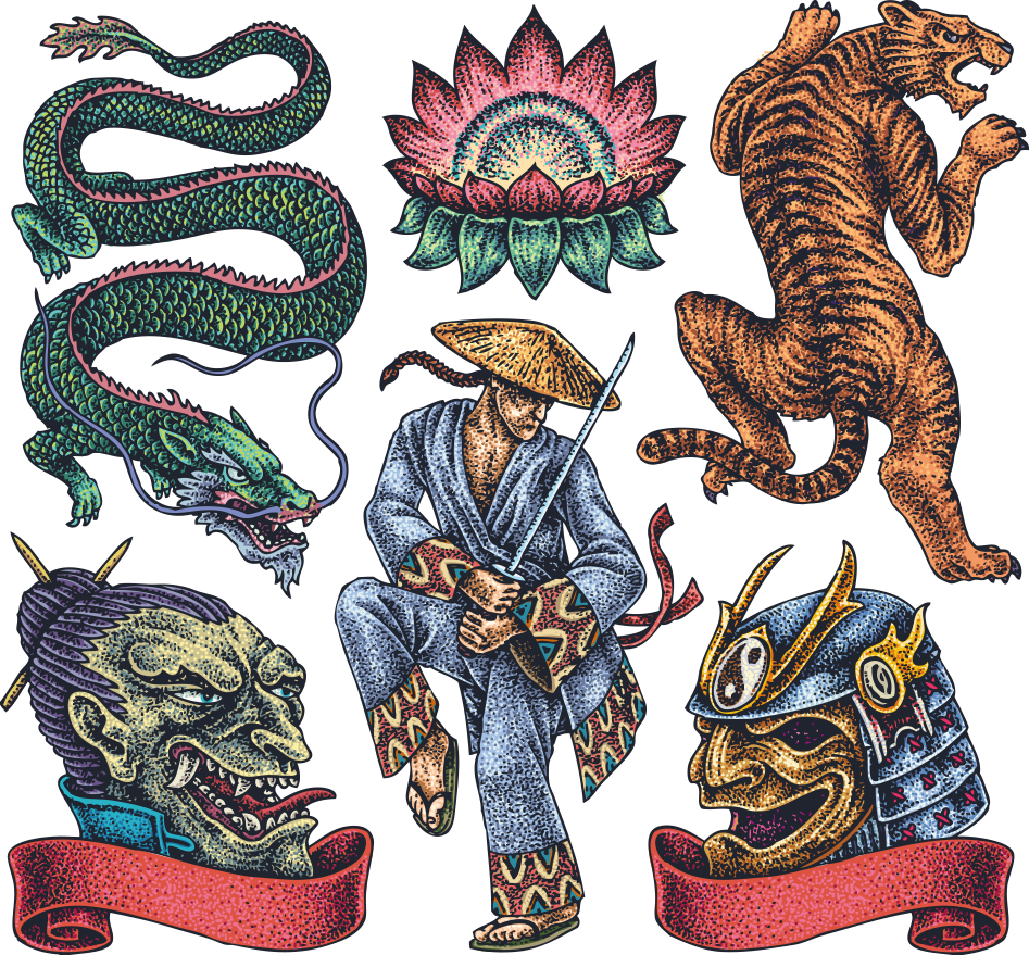 Tattoo Artist Character Japanese Dragon Vector Irezumi Clipart