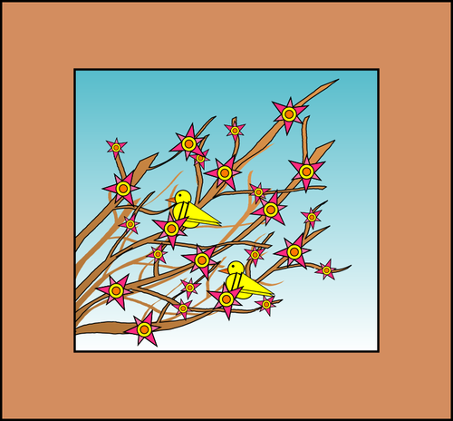 Yellow Birds In Tree Branches With Flowers Image Clipart