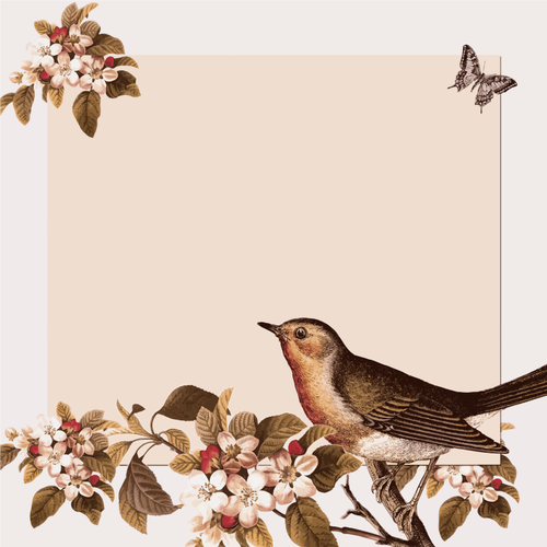 Clip Art Of Autumn Decoration With Flowers And A Small Bird Clipart