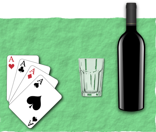 Of Four Playing Cards, A Glass And Bottle Of Wine Clipart