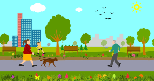 City Park With People Walking Clipart