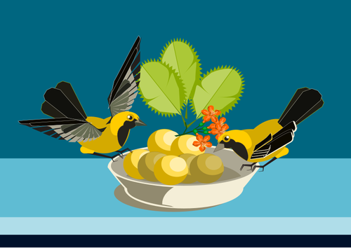 Of Two Small Birds Eating Out Of A Dish Clipart