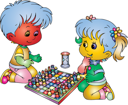 Boy And Girl Playing Colorful Chess Clipart