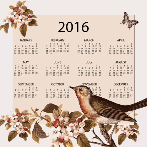 Calendar 2016 With Vintage Birds And Flowers Clipart