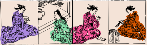 Four Geishas In Different Poses Clipart