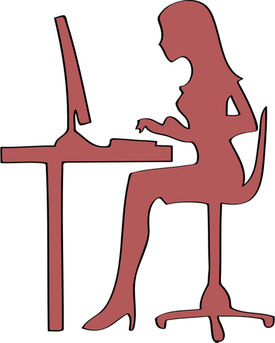 Silhouette Of Woman Sitting At Computer Desk Clipart
