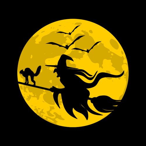 Flying Witch During Full Moon Clipart