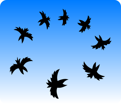 Black And White Illustration Of A Small Crows Flying Clipart
